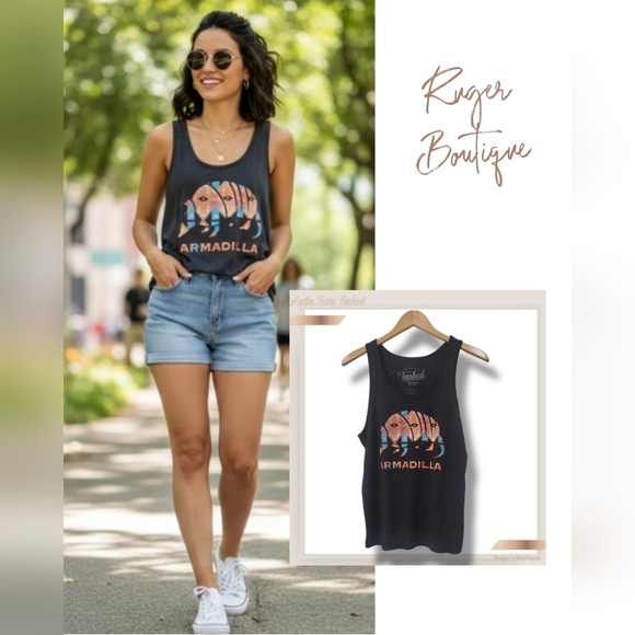 Austin Texas Tanked Tops - 🌿Austin Texas Tanked Women's Small Heathered-Black Armadillo Tank Top